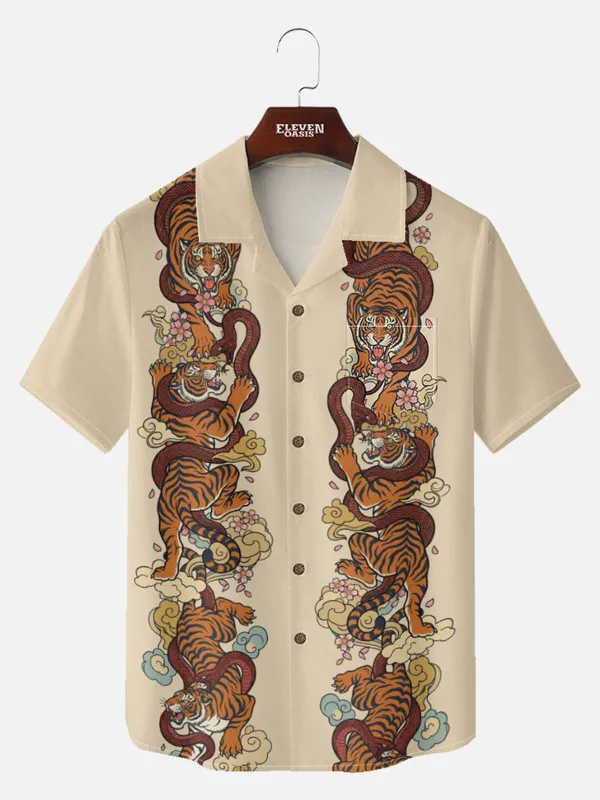 Tall Men's Japanese Tiger & Serpent Column Short Sleeve Shirt sold by Eleven Oasis
