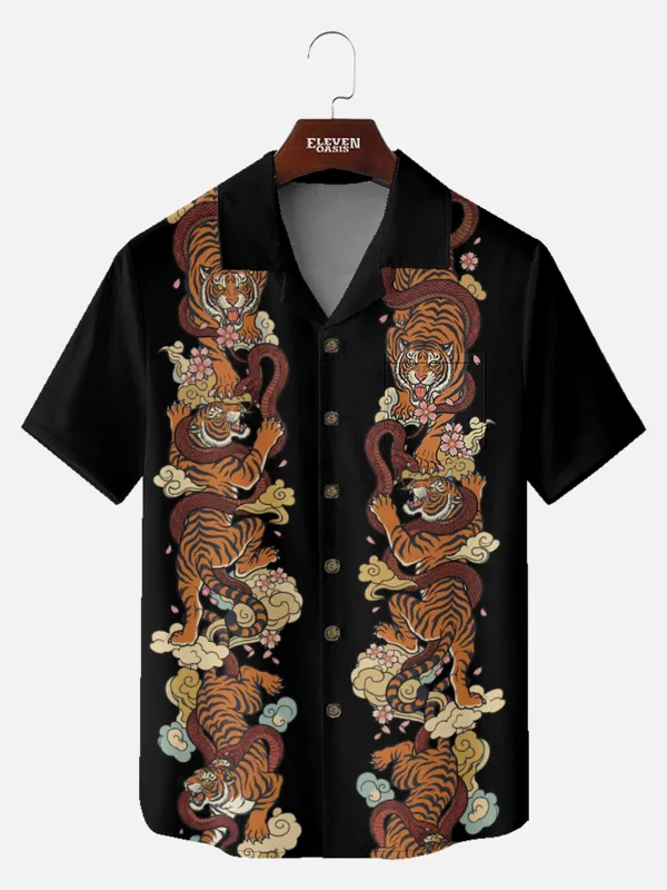 Tall Men's Japanese Tiger & Serpent Columns Short Sleeve Shirt sold by Eleven Oasis