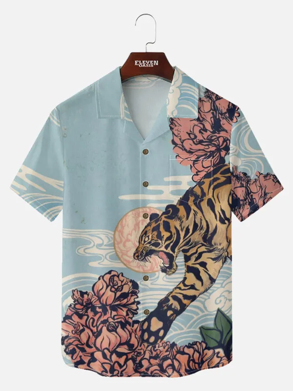 Men's Japanese Tiger & Peony Sky Short Sleeve Shirt sold by Eleven Oasis