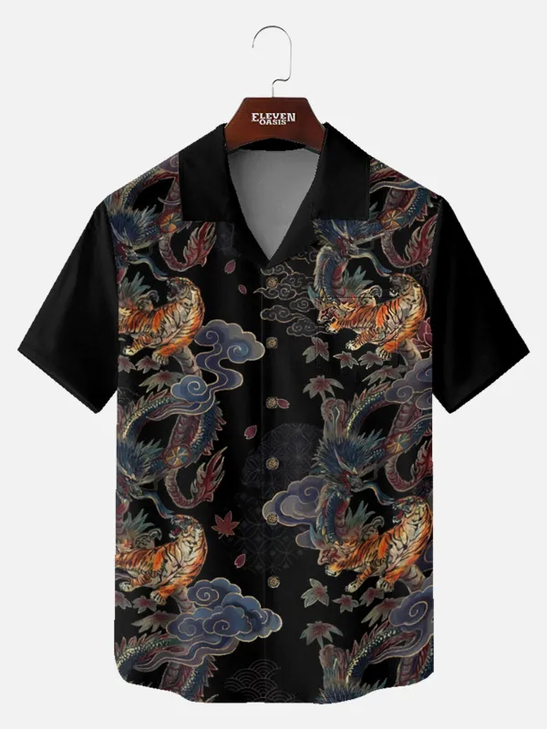 Tall Men's Japanese Tiger & Dragon Nightfall Short Sleeve Shirt sold by Eleven Oasis