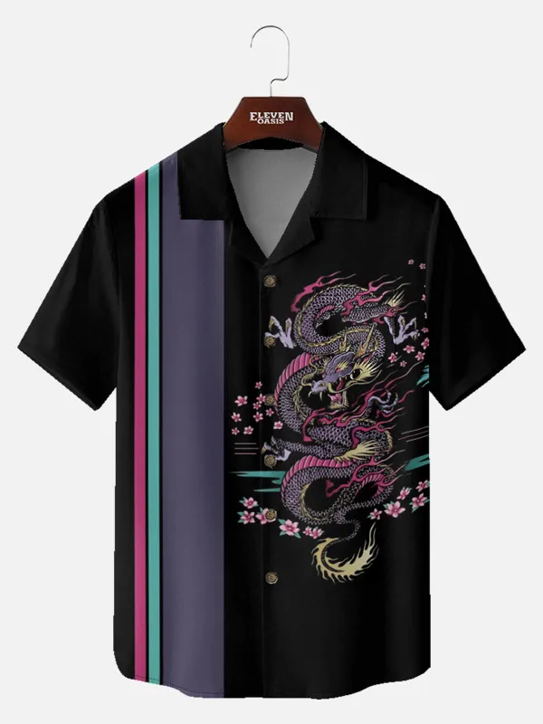 Men's Japanese Dragon & Sakura Panel Short Sleeve Shirt sold by Eleven Oasis