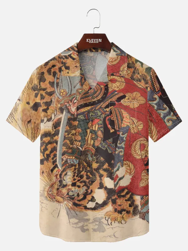 Tall Men's Japanese Samurai & Tiger Ukiyo-e Short Sleeve Shirt sold by Eleven Oasis