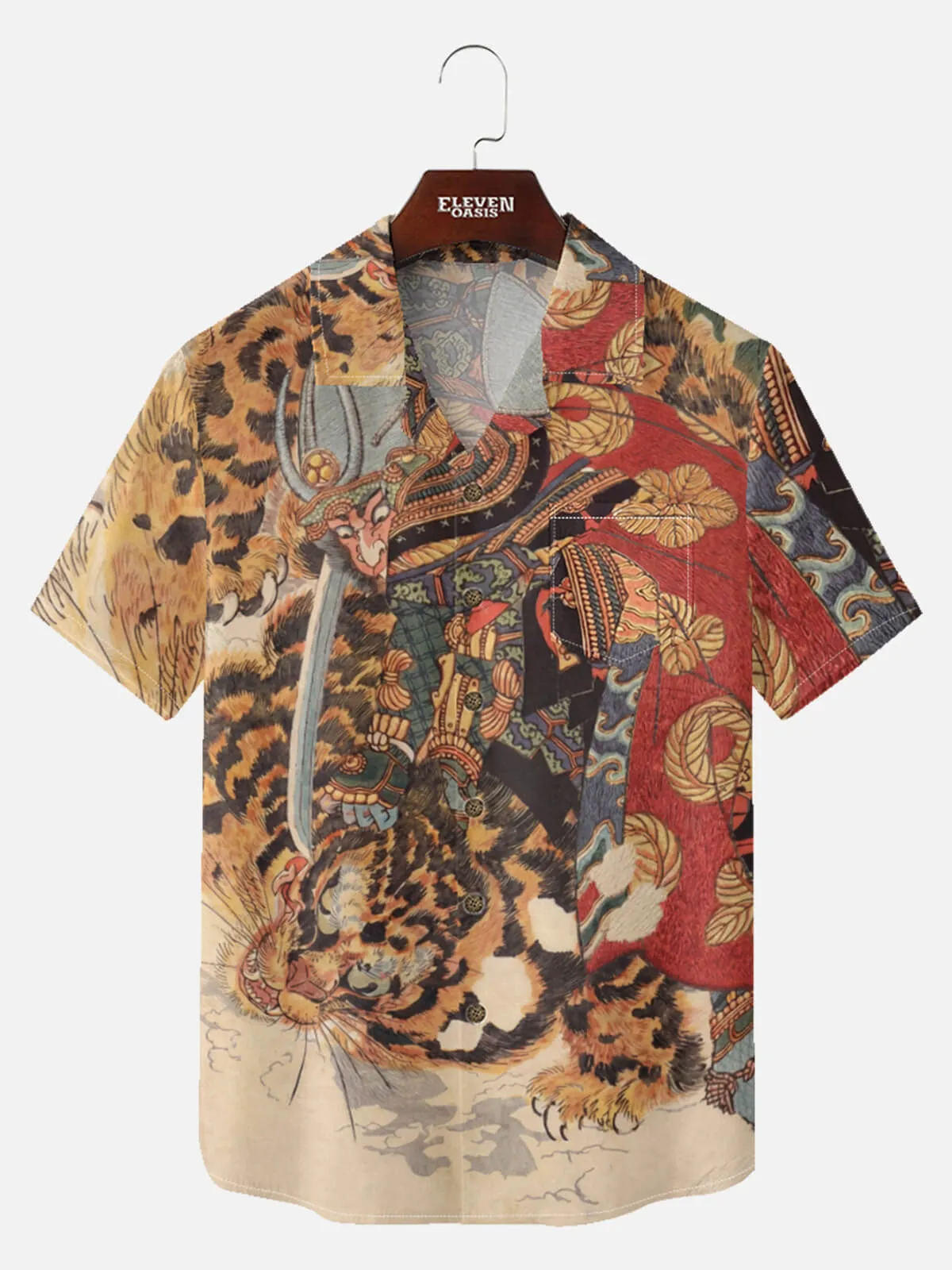 Men's Japanese Samurai & Tiger Ukiyo-e Short Sleeve Shirt sold by Eleven Oasis