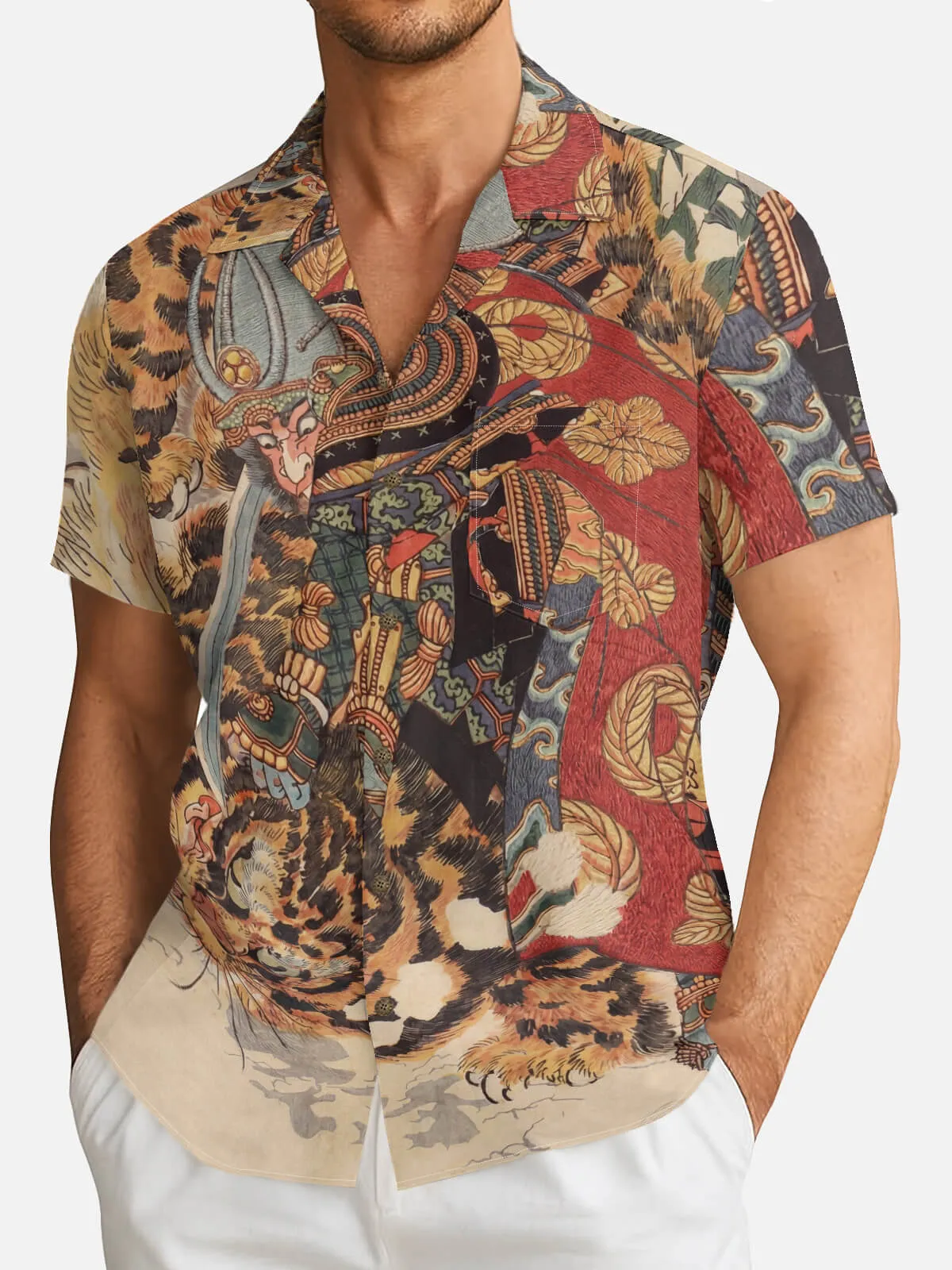 Men's Japanese Samurai & Tiger Ukiyo-e Short Sleeve Shirt sold by Eleven Oasis product image thumbnail 2