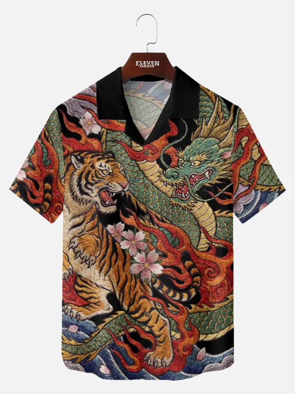 Tall Men's Japanese Tiger & Dragon Battle Short Sleeve Shirt sold by Eleven Oasis