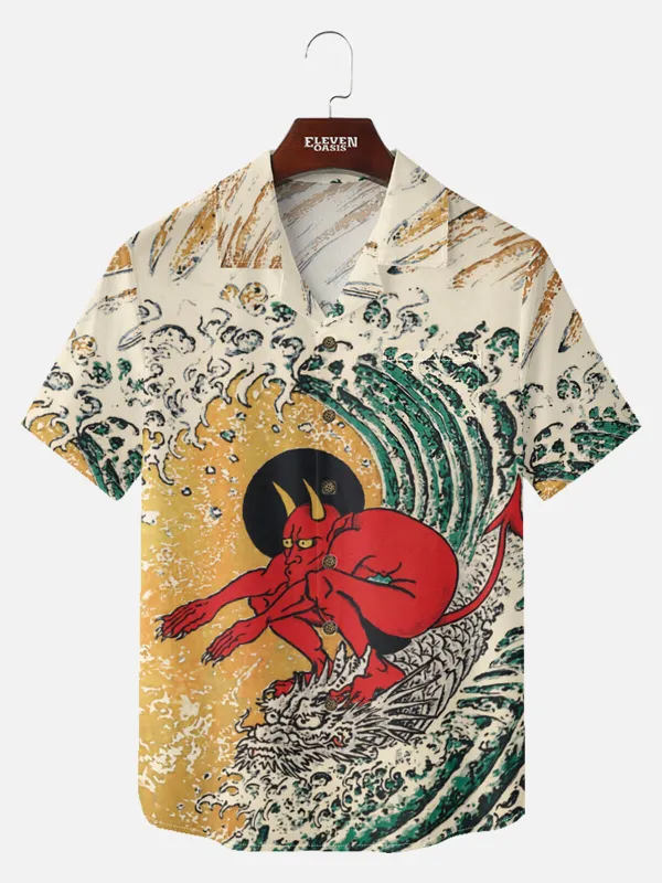 Tall Men's Ukiyo-e Wave Graphic Short Sleeve Shirt sold by Eleven Oasis