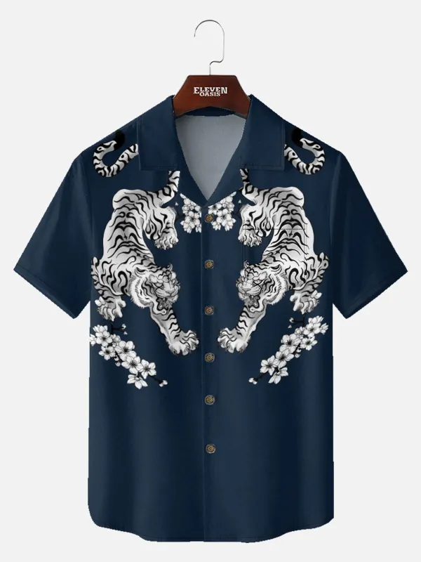 Men's Japanese White Tiger & Sakura Short Sleeve Shirt sold by Eleven Oasis