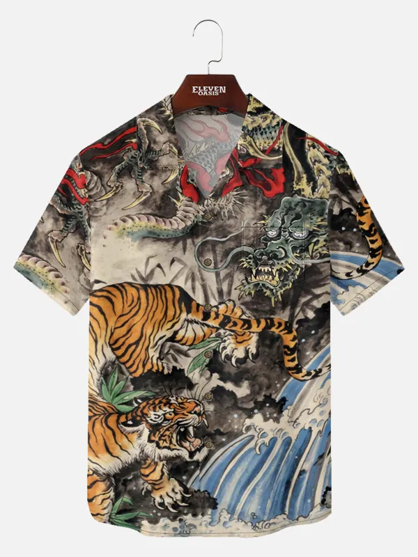 Tall Men's Japanese Dragon & Tiger Short Sleeve Shirt sold by Eleven Oasis