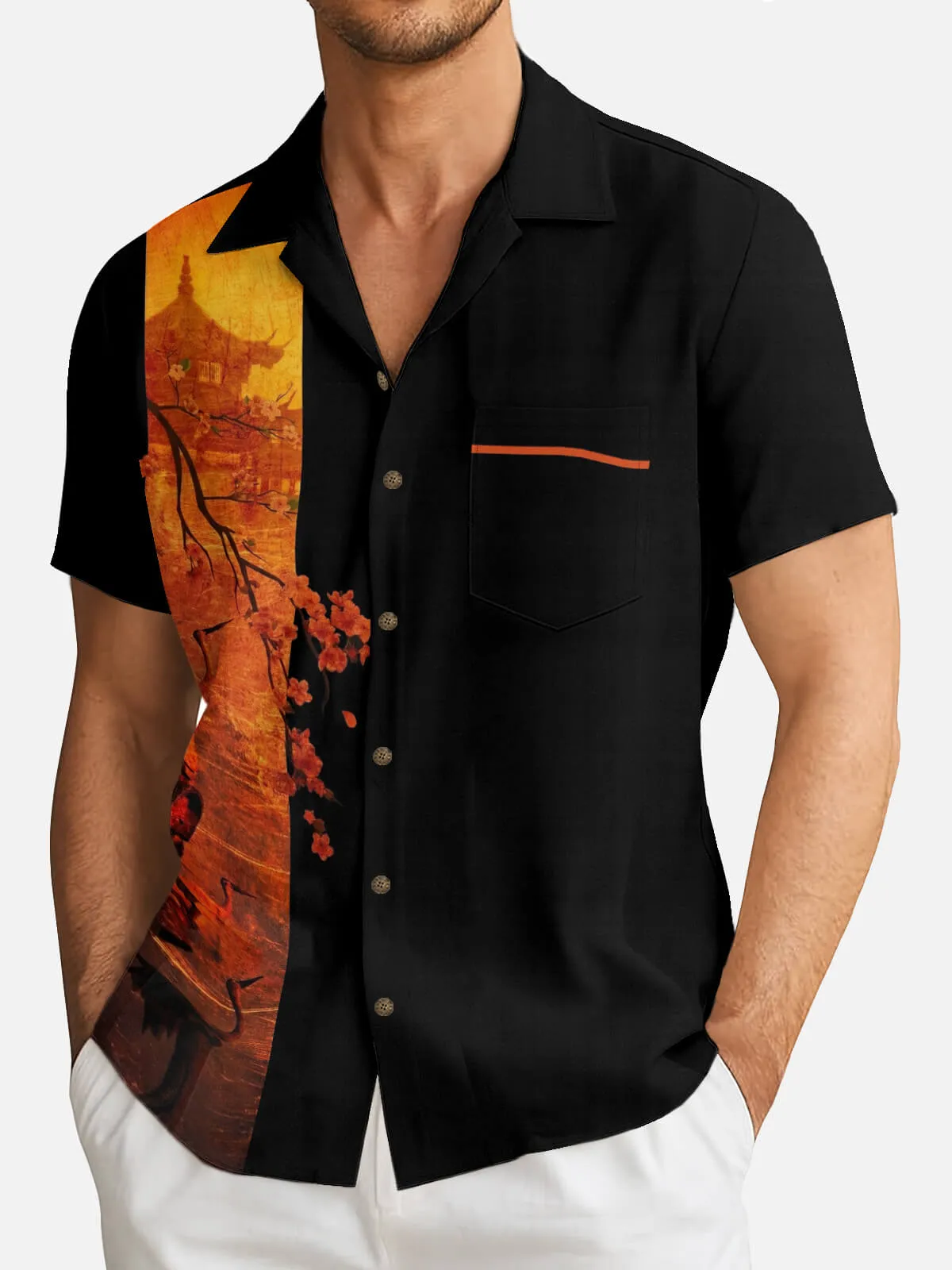 Tall Men's Pagoda & Crane Panel Short Sleeve Shirt sold by Eleven Oasis product image thumbnail 2