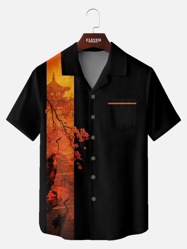 Men's Pagoda & Crane Panel Short Sleeve Shirt sold by Eleven Oasis