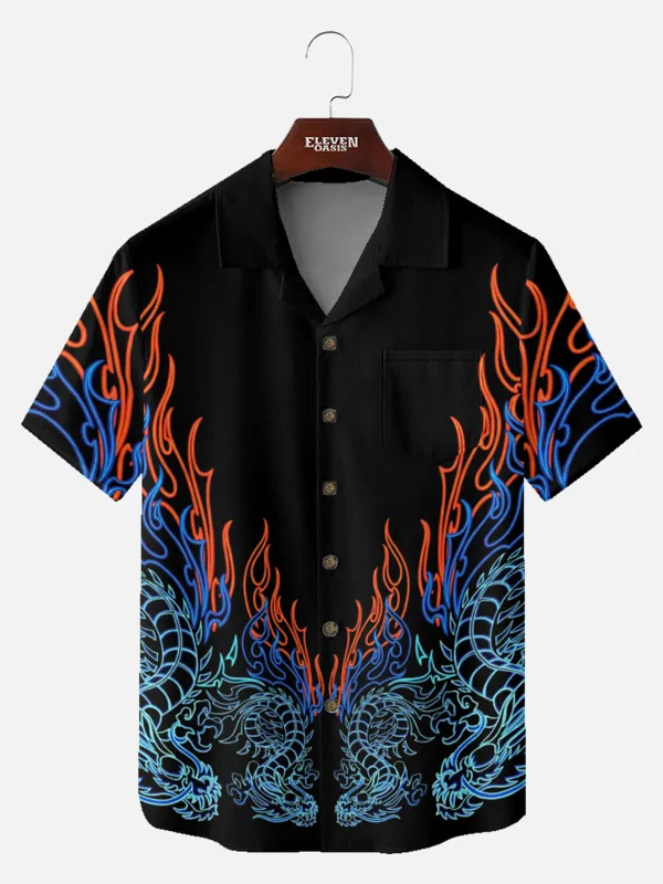 Tall Men's Chinese Dragon Neon Flames Short Sleeve Shirt sold by Eleven Oasis