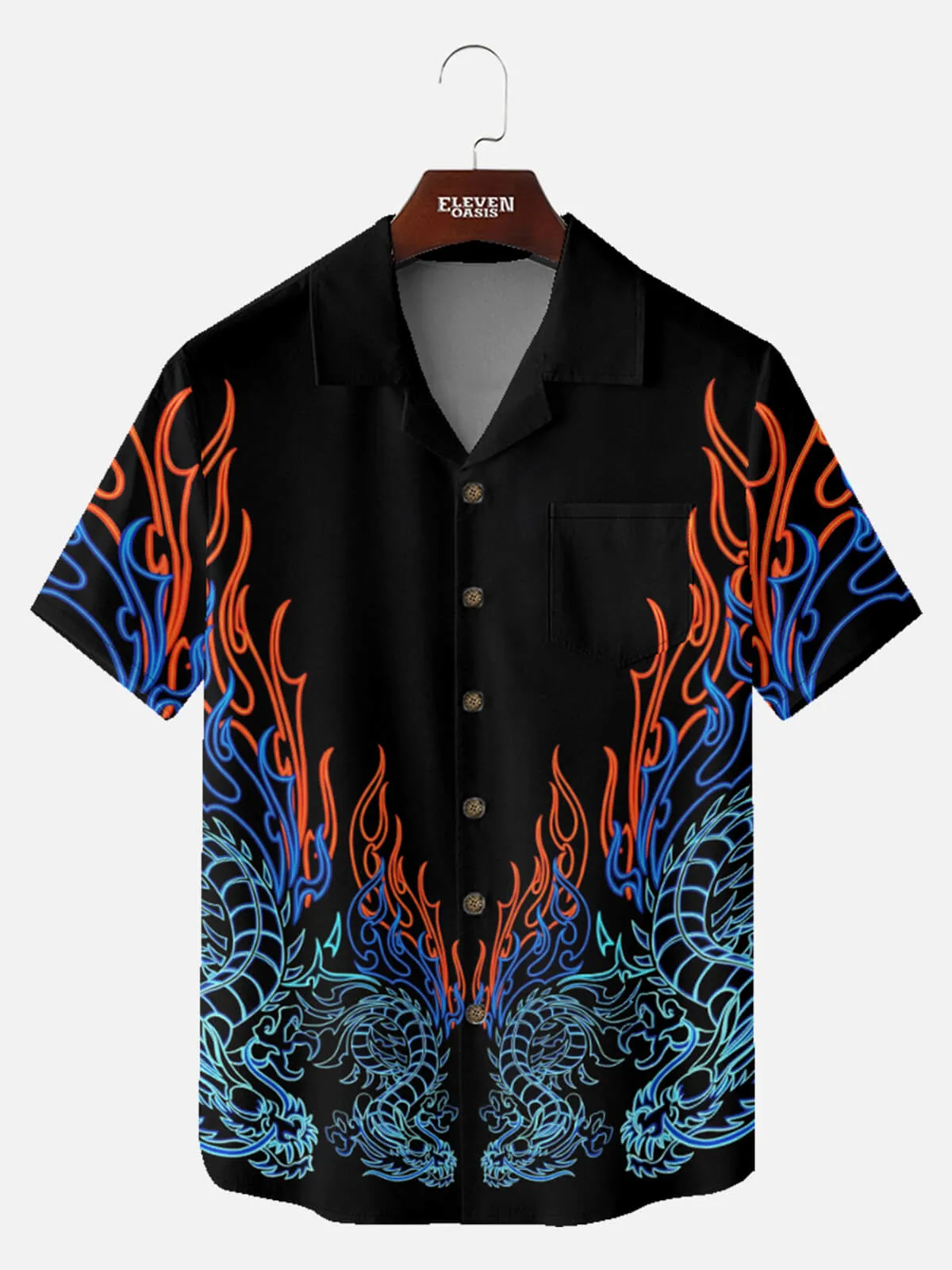 Tall Men's Chinese Dragon Neon Flames Short Sleeve Shirt sold by Eleven Oasis