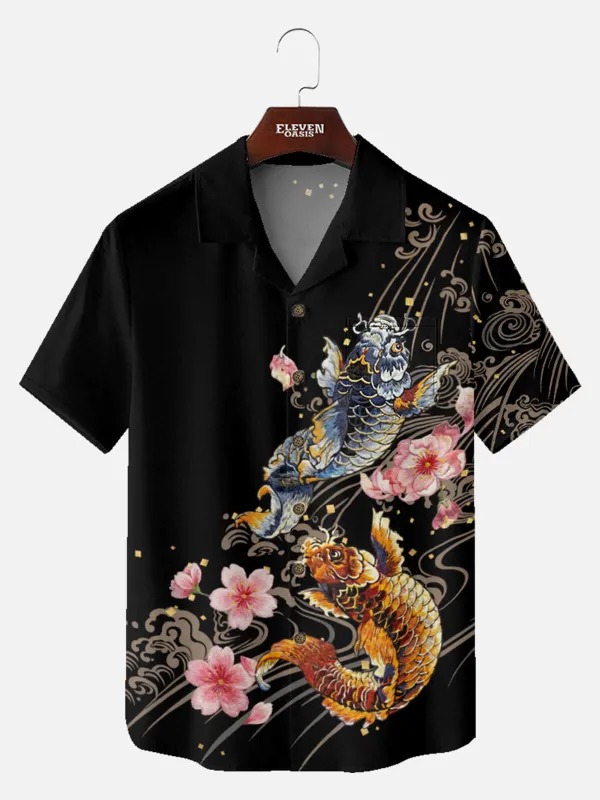 Tall Men's Japanese Koi & Cherry Blossom Short Sleeve Shirt sold by Eleven Oasis