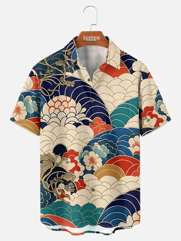 Men's Japanese Seigaiha & Floral Waves Spread Collar Short Sleeve Shirt sold by Eleven Oasis