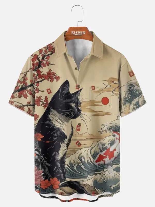 Men's Japanese Cat & Koi Landscape Spread Collar Short Sleeve Shirt sold by Eleven Oasis