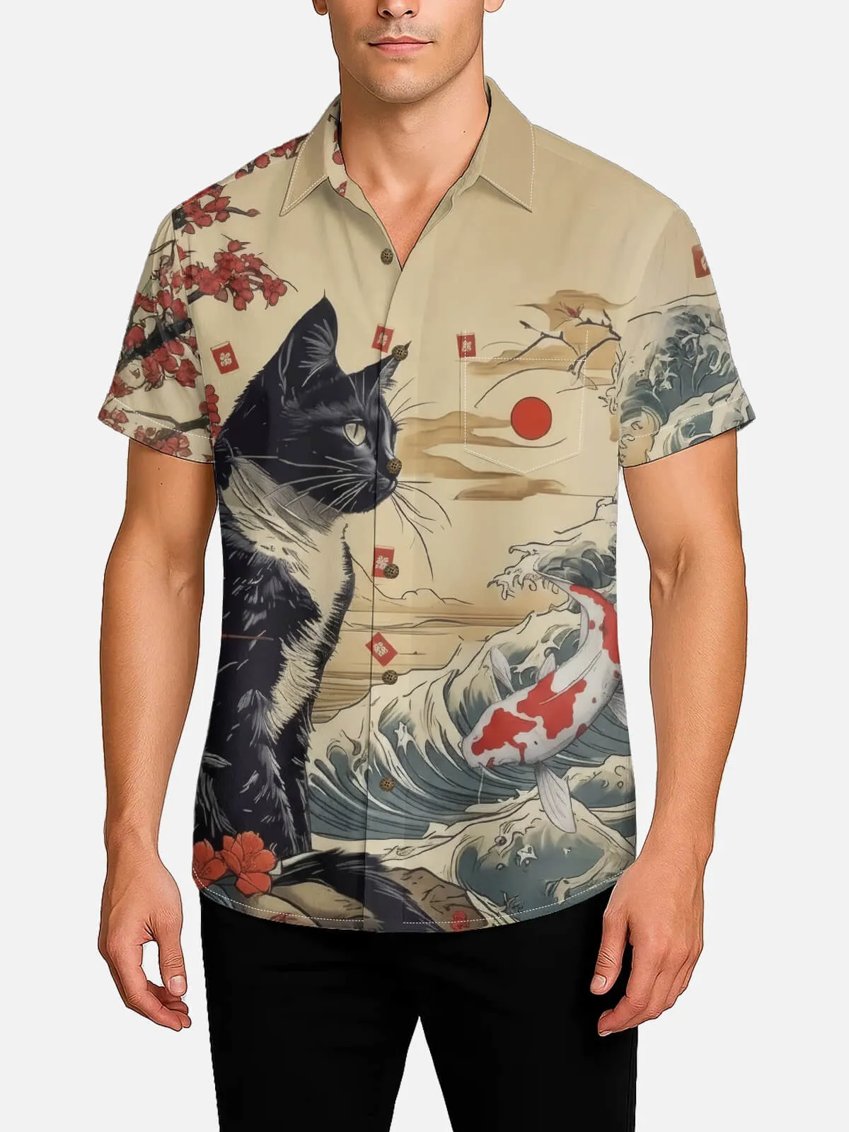 Men's Japanese Cat & Koi Landscape Spread Collar Short Sleeve Shirt sold by Eleven Oasis product image thumbnail 2