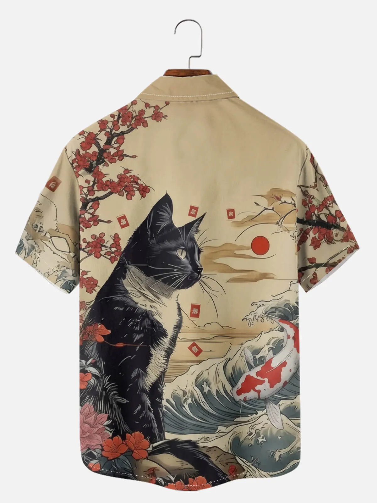 Men's Japanese Cat & Koi Landscape Spread Collar Short Sleeve Shirt sold by Eleven Oasis product image thumbnail 3