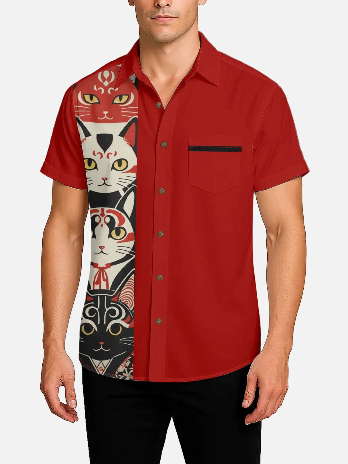 Men's Japanese Cat Mask Panel Spread Collar Short Sleeve Shirt sold by Eleven Oasis product image thumbnail 2