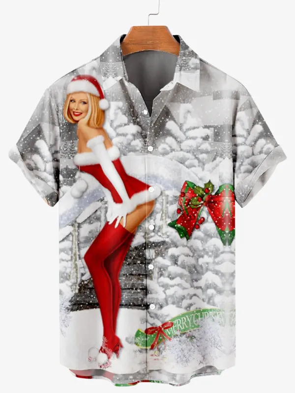 Men's Winter Wonderland Pin-Up Christmas Short Sleeve Shirt sold by Eleven Oasis