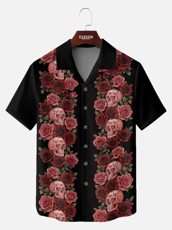 Tall Men's Skull Rose Panel Short Sleeve Shirt sold by Eleven Oasis