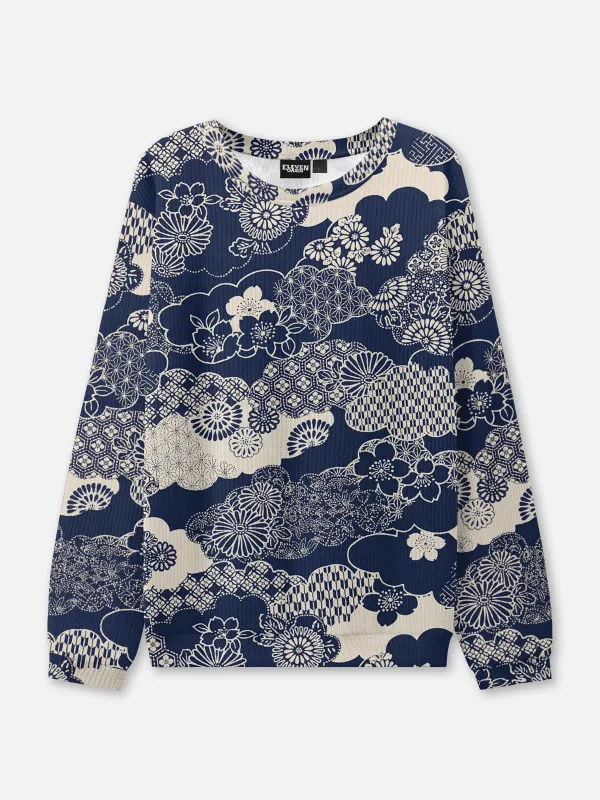 Japanese Indigo Floral Pattern Crew Neck Sweatshirt sold by Eleven Oasis