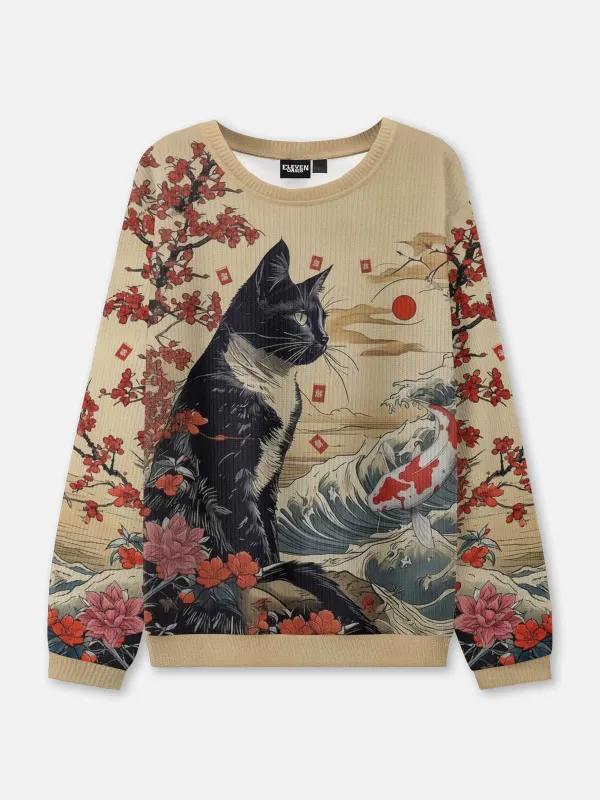 Japanese Cat Ink Art Crew Neck Sweatshirt made by Eleven Oasis