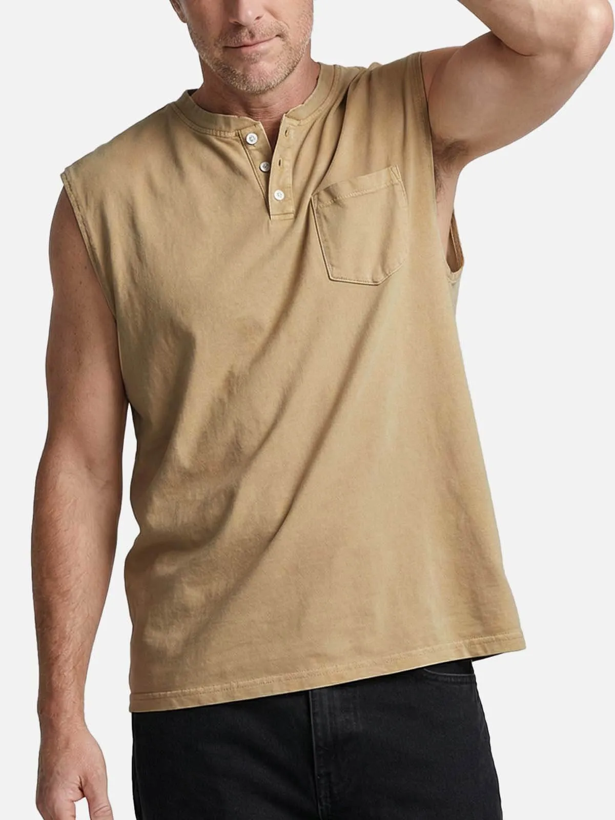 Men's Vintage Washed Cotton Sleeveless Henley sold by Eleven Oasis product image thumbnail 2