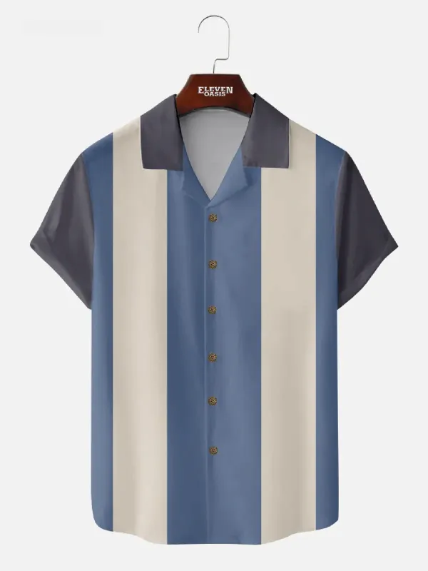 Tall Men's Morandi Color block Panel Stripe Camp Collar Short Sleeve Shirt made by Eleven Oasis