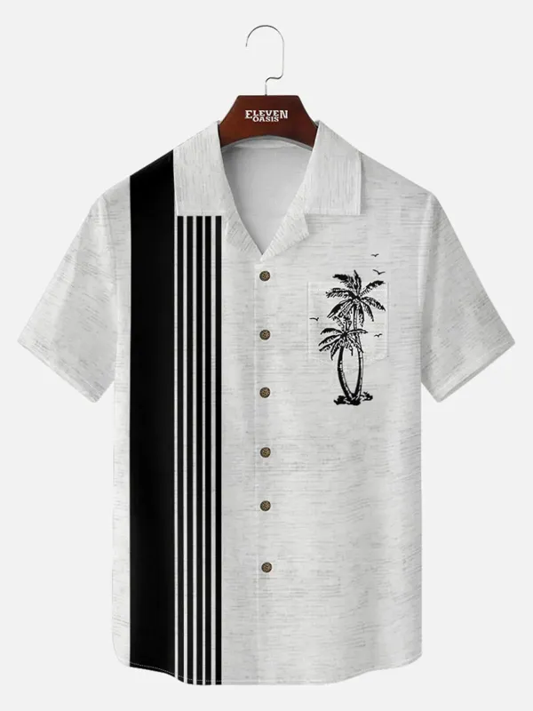 Tall Men's Palm Stripe Bowling Short Sleeve Shirt sold by Eleven Oasis
