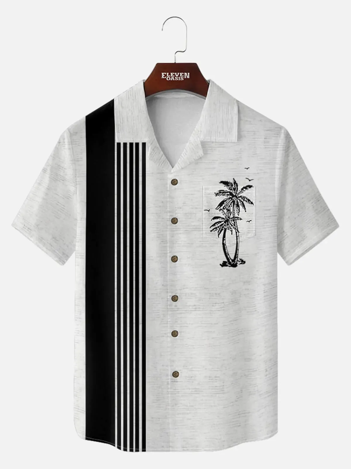 Men's Palm Stripe Bowling Short Sleeve Shirt sold by Eleven Oasis