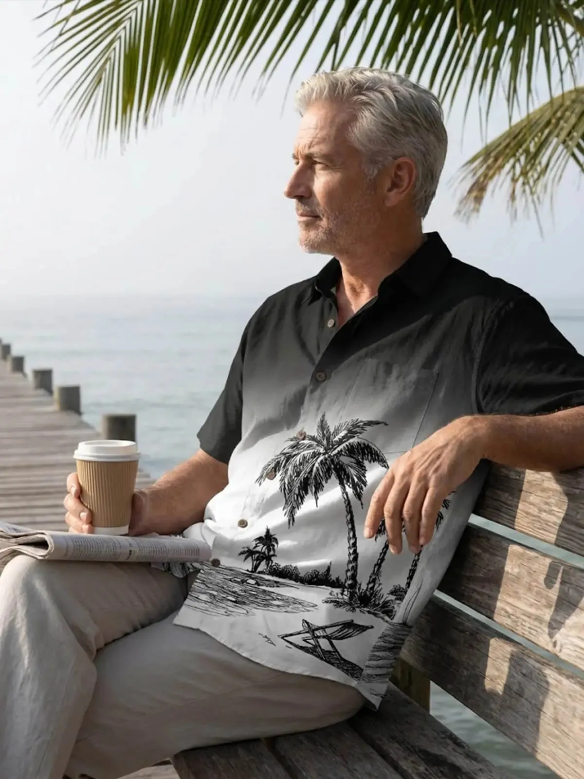 Men's Black & Whire Shore Sketch Short Sleeve Shirt sold by Eleven Oasis product image thumbnail 2