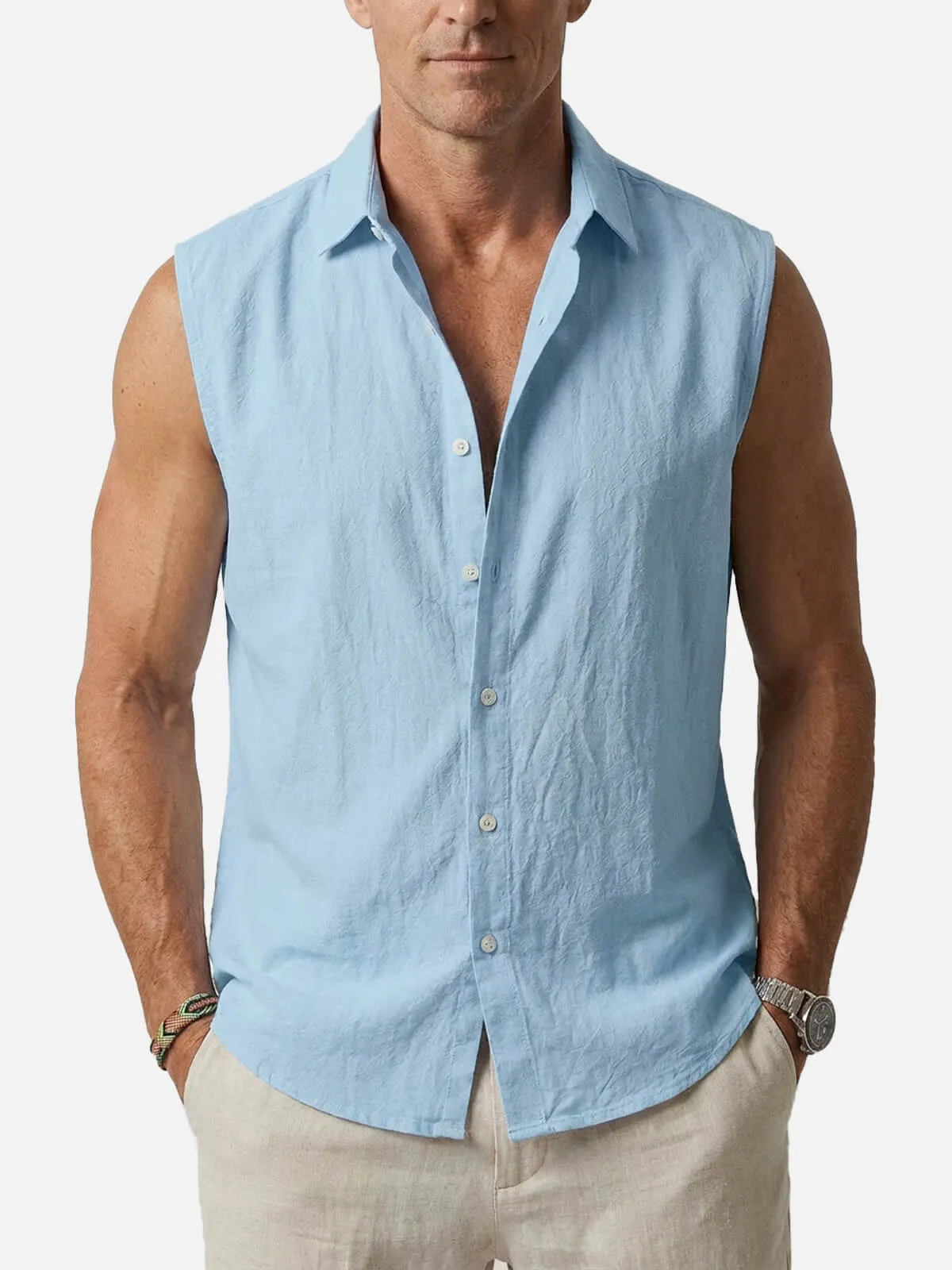 Men's Linen Sleeveless Button-Up Shirt sold by Eleven Oasis product image thumbnail 2