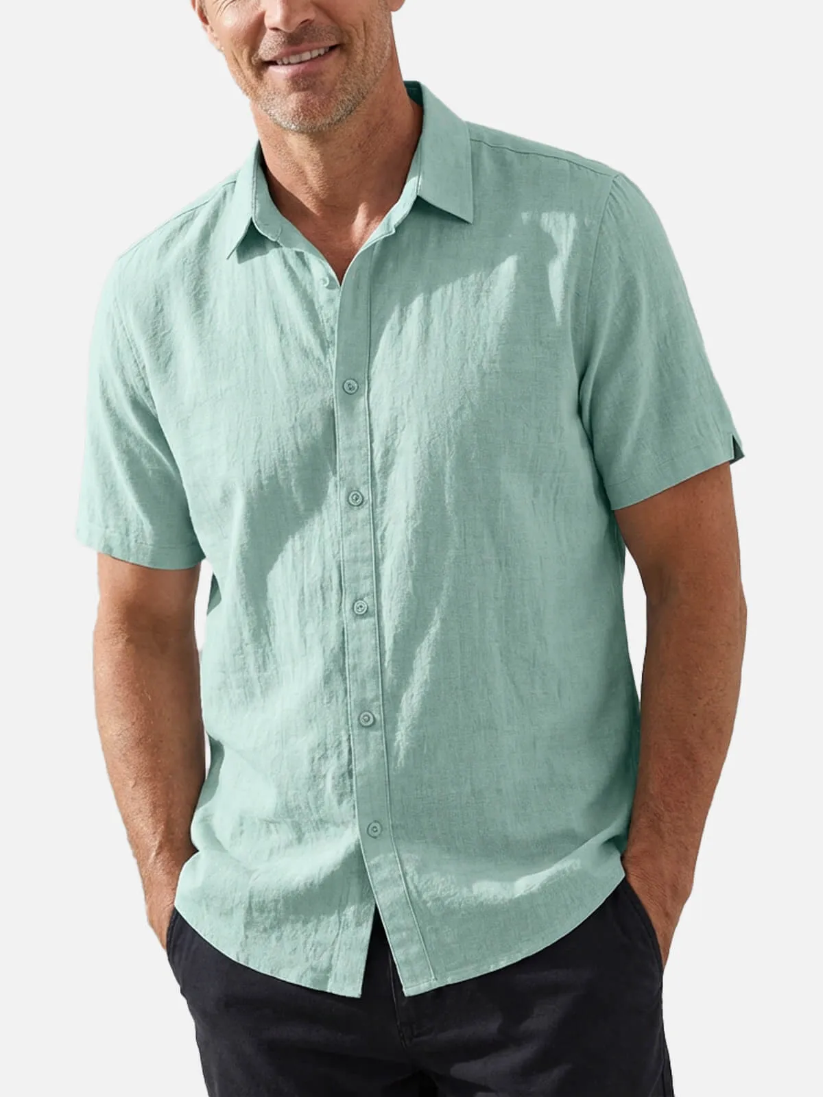 Men's Tonal Button Linen-Blend Short Sleeve Shirt sold by Eleven Oasis product image thumbnail 2