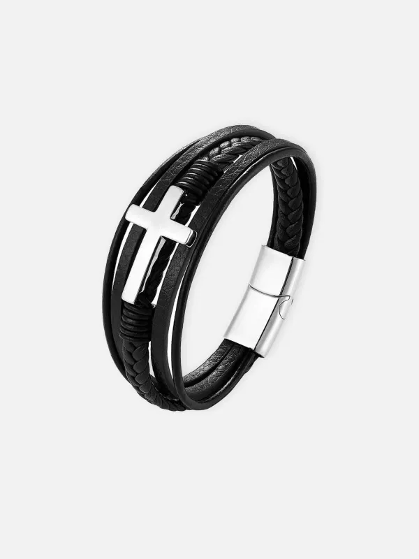 Men's Cross Braided Leather Bracelet sold by Eleven Oasis