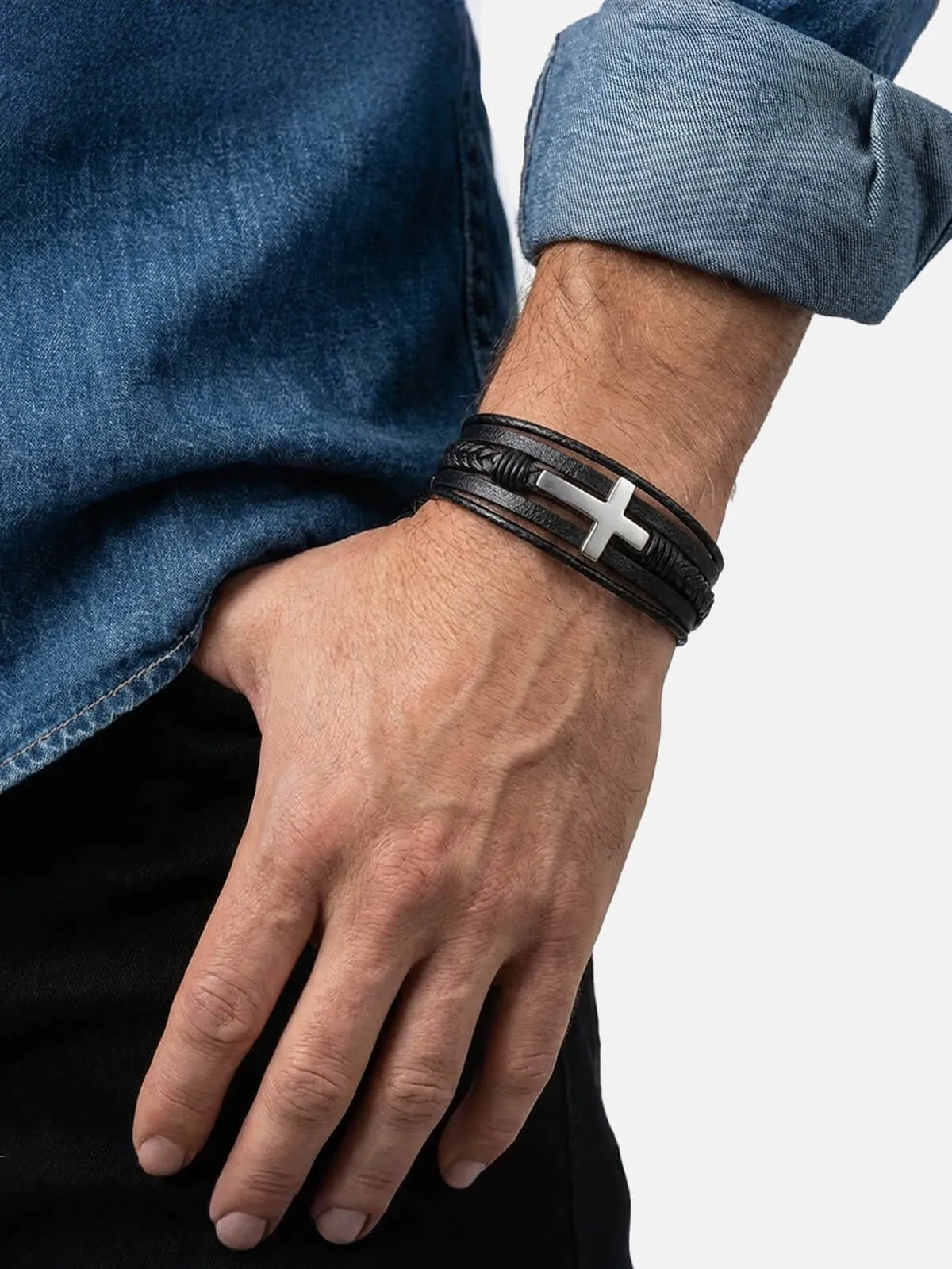 Men's Cross Braided Leather Bracelet sold by Eleven Oasis product image thumbnail 2