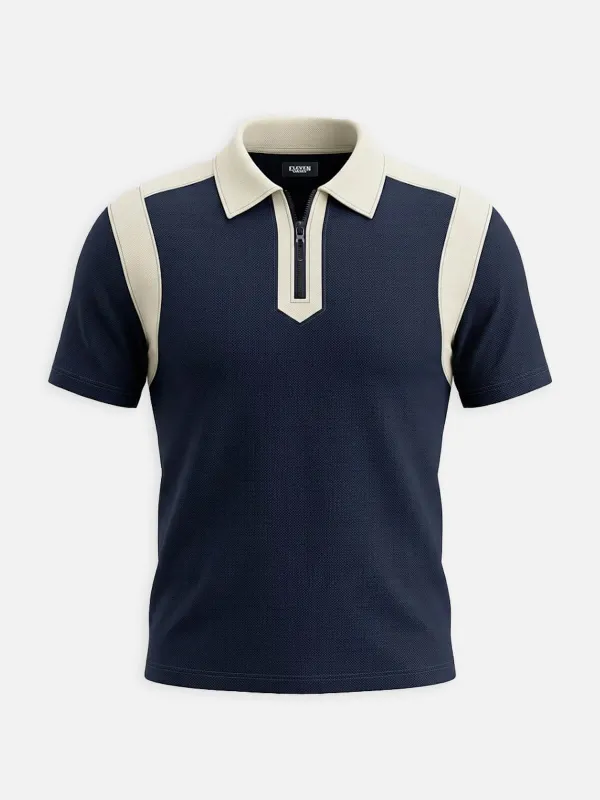 Men's Retro Contrast Panel Zip Polo Shirt sold by Eleven Oasis