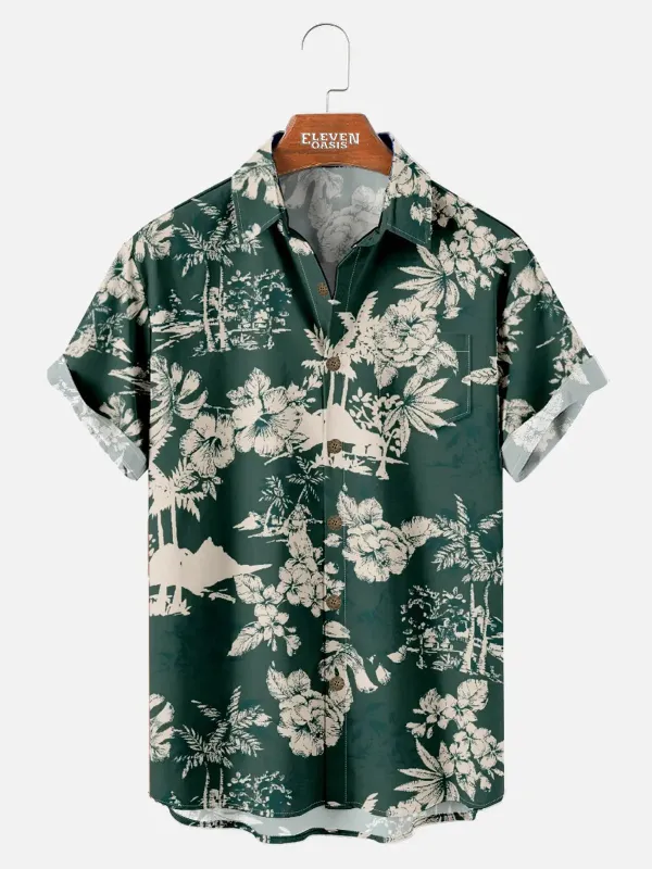 Tall Men's Hawaiian Palm Landscape Floral Print Short Sleeve Shirt made by Eleven Oasis