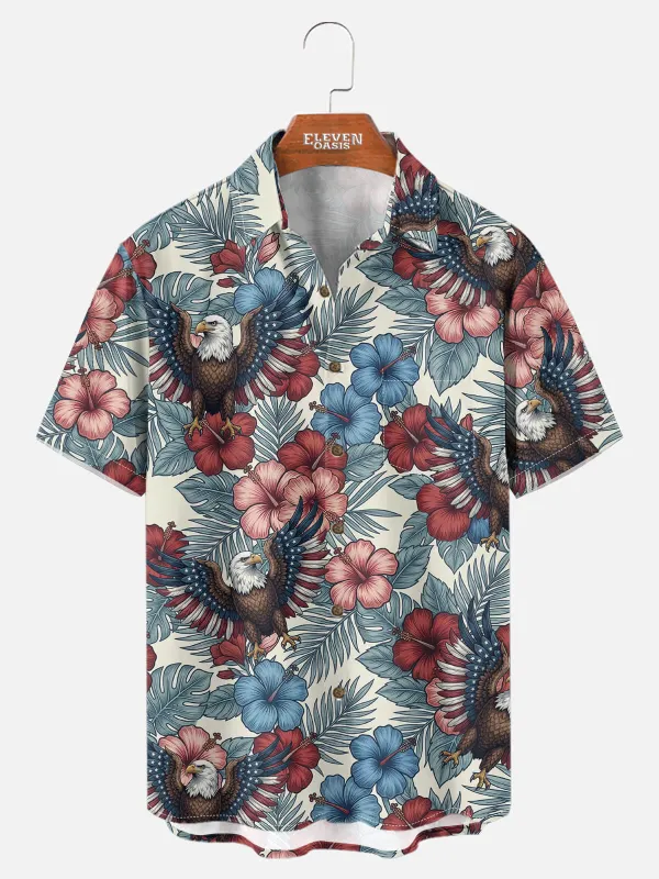 Tall Men's Patriotic Eagle Tropical Floral Short Sleeve Shirt made by Eleven Oasis