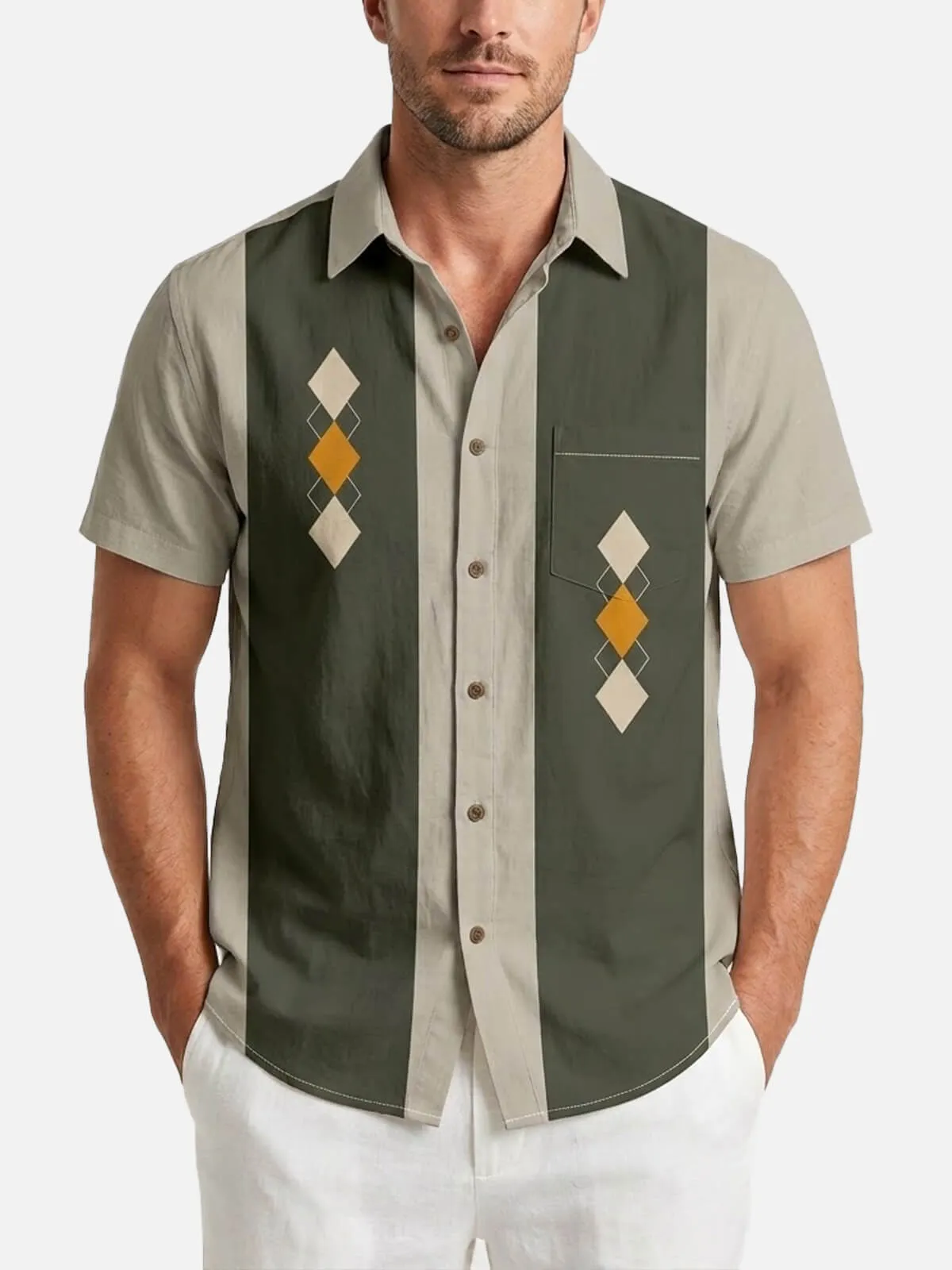 Men's Retro Argyle Panel Short Sleeve Shirt sold by Eleven Oasis product image thumbnail 3