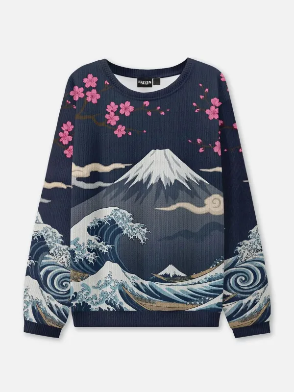 Japanese Wave and Mountain Crew Neck Sweatshirt made by Eleven Oasis