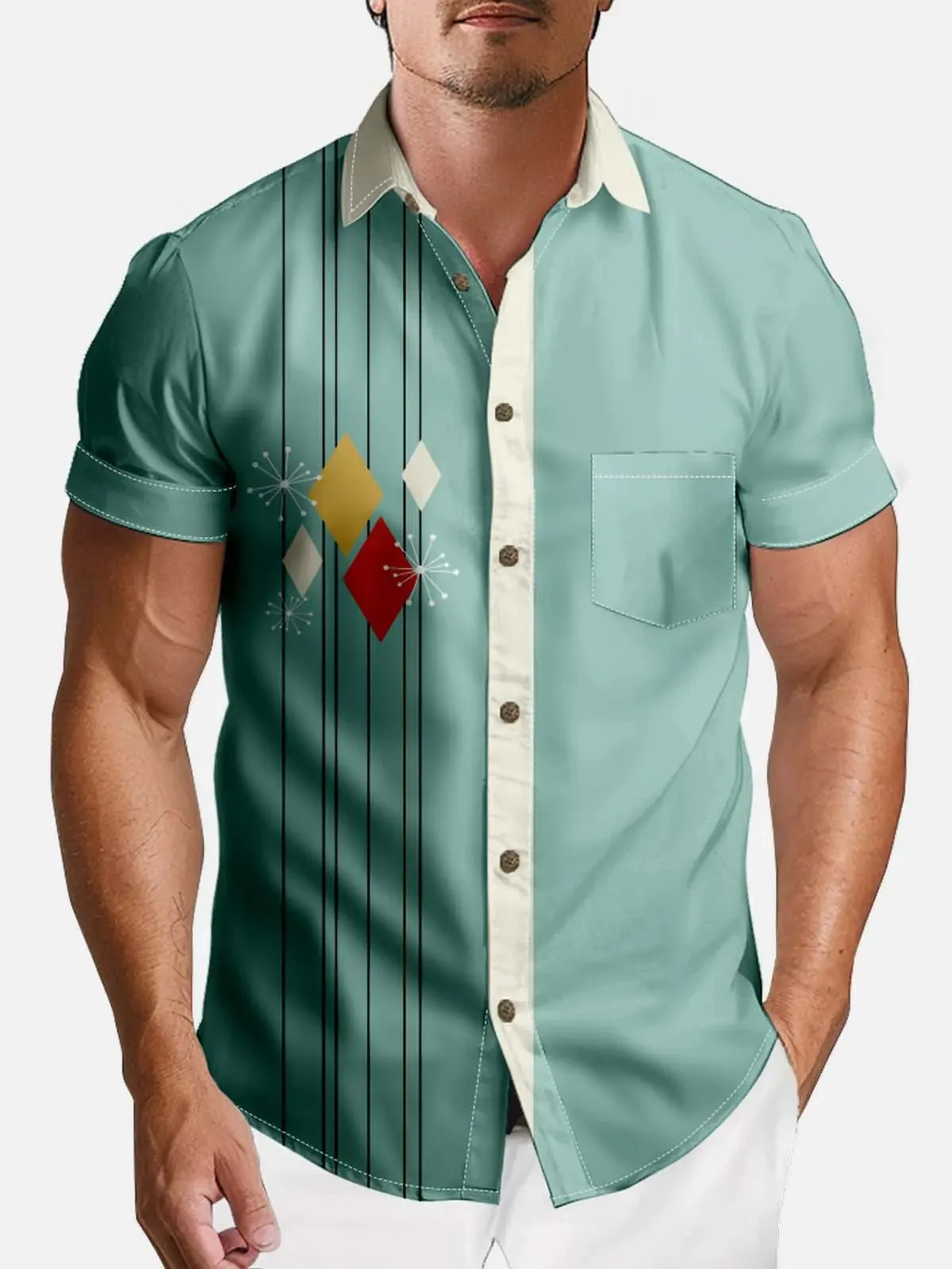 Tall Men's Mid-Century Modern Geometric Short Sleeve Shirt sold by Eleven Oasis product image thumbnail 2