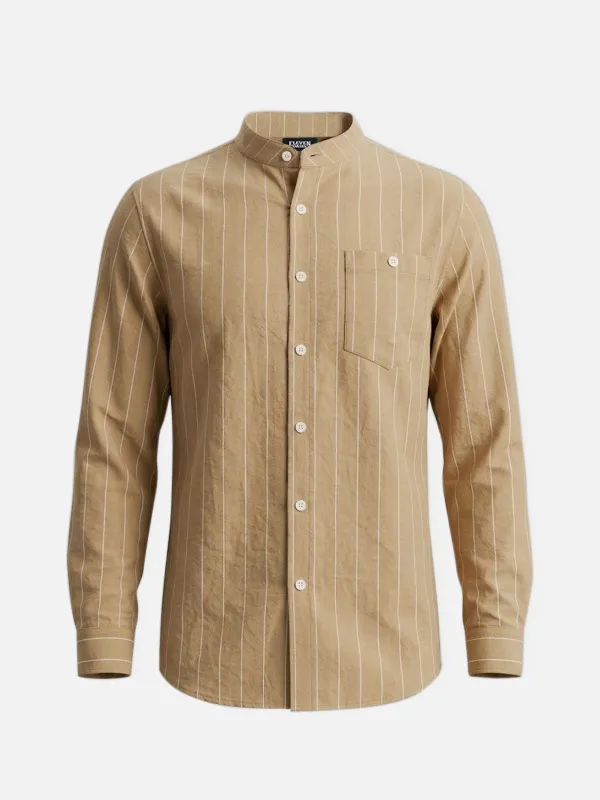 Men's Slim Fit Vertical Stripe Mandarin Collar Long Sleeve Shirt made by Eleven Oasis