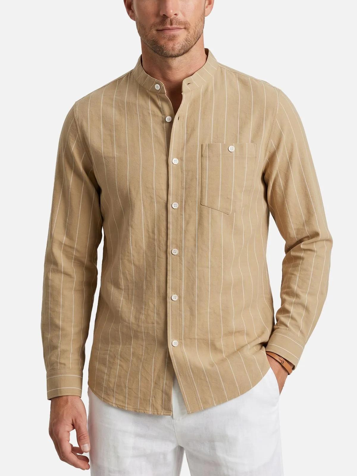 Men's Slim Fit Vertical Stripe Mandarin Collar Long Sleeve Shirt sold by Eleven Oasis product image thumbnail 2