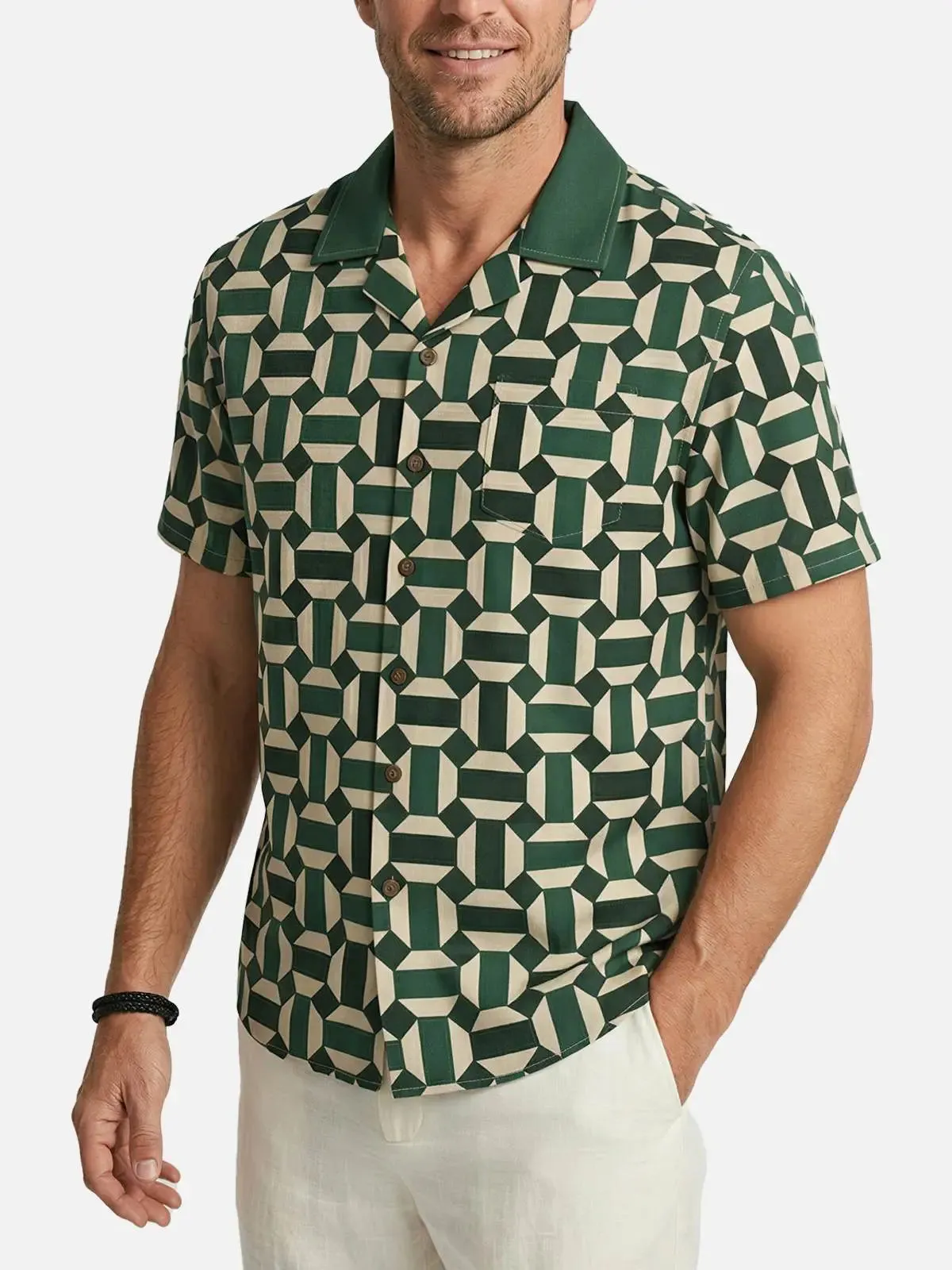 Men's Geometric Contrast Collar Short Sleeve Shirt sold by Eleven Oasis product image thumbnail 2
