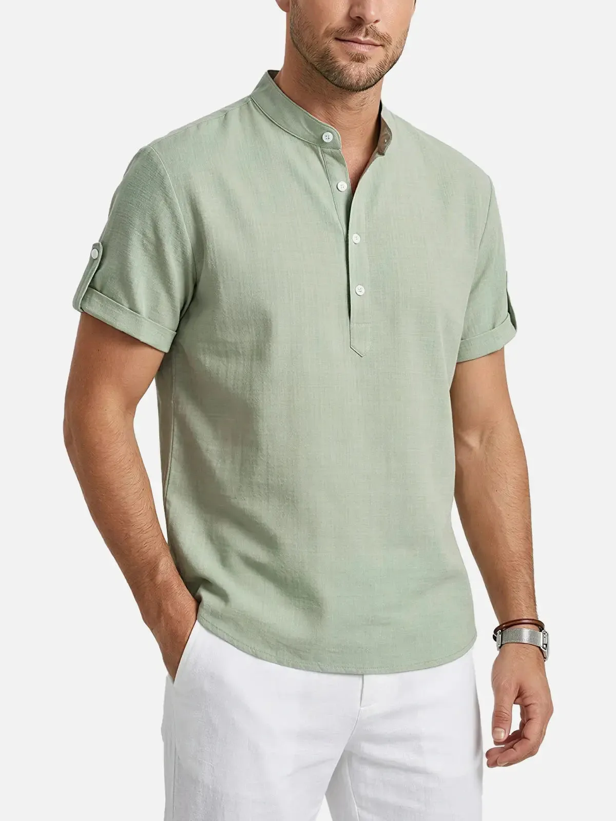 Men's Linen-Look Mandarin Collar Short Sleeve Shirt sold by Eleven Oasis product image thumbnail 2