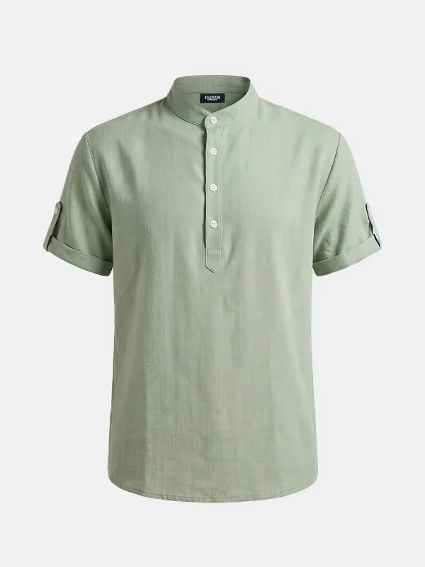 Men's Linen-Look Mandarin Collar Short Sleeve Shirt made by Eleven Oasis