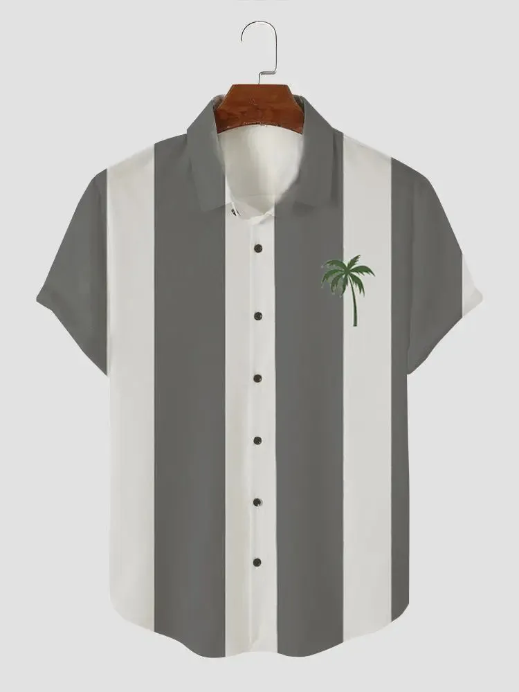 Men's Palm Tree Blue and White Stripe Button Casual Shirt sold by Eleven Oasis product image thumbnail 3