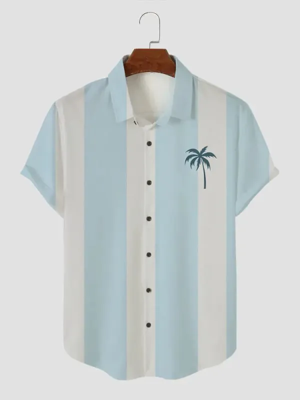 Men's Palm Tree Blue and White Stripe Button Casual Shirt made by Eleven Oasis