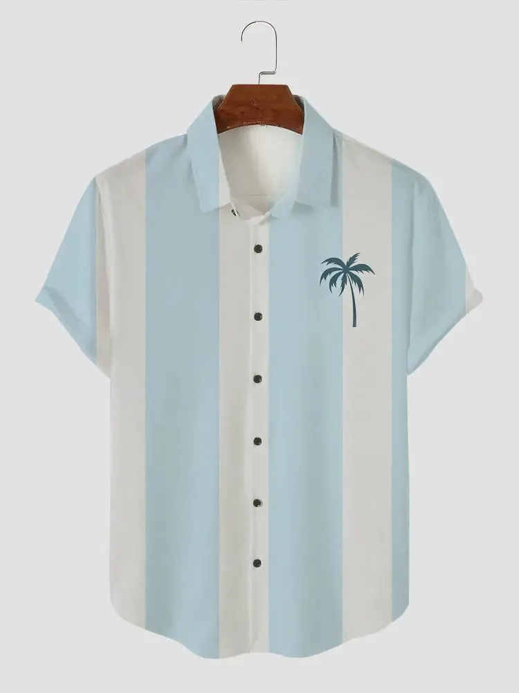Men's Palm Tree Blue and White Stripe Button Casual Shirt sold by Eleven Oasis