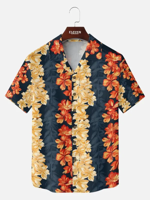 Men's Tropical Floral Stripe Camp Collar Short Sleeve Shirt made by Eleven Oasis